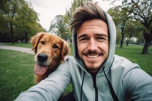 selfie do uma homem com uma cachorro dentro a parque foto