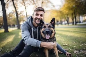 selfie do uma homem com uma cachorro dentro a parque foto