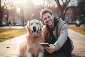 selfie do uma homem com uma cachorro dentro a parque foto