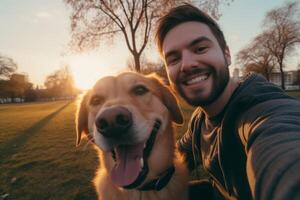 selfie do uma homem com uma cachorro dentro a parque foto