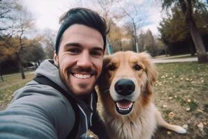 selfie do uma homem com uma cachorro dentro a parque foto