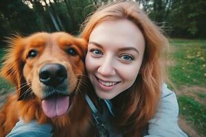 selfie do uma homem com uma cachorro dentro a parque foto