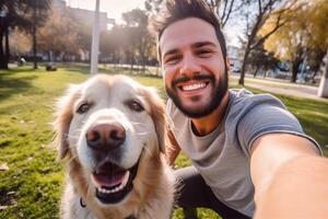 selfie do uma homem com uma cachorro dentro a parque foto