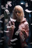 jovem menina debaixo a chuva do dinheiro foto