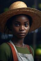 jovem africano americano mulher agricultor vestindo chapéu foto