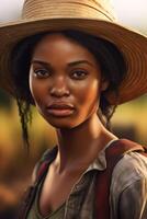 jovem africano americano mulher agricultor vestindo chapéu foto