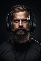 homem com uma barba vestindo fones de ouvido foto