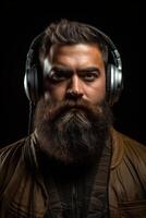 homem com uma barba vestindo fones de ouvido foto