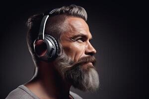 homem com uma barba vestindo fones de ouvido foto