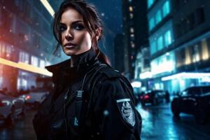 fêmea polícia Policial em uma cidade rua foto