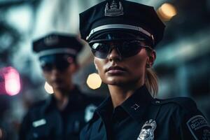 fêmea polícia Policial em uma cidade rua foto