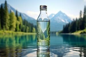 limpar \ limpo bebendo água dentro uma garrafa contra a fundo do uma lago e montanhas foto