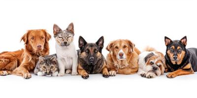 gatos e cachorros do diferente raças em uma branco fundo foto