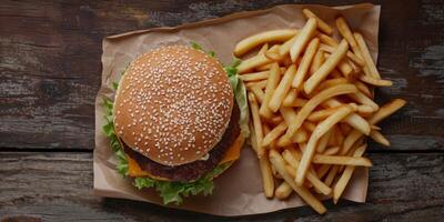 hamburguer com fritas molho topo Visão foto