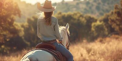 vaqueira dentro uma chapéu em uma cavalo foto