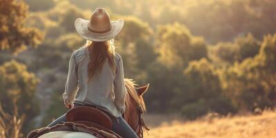 vaqueira dentro uma chapéu em uma cavalo foto