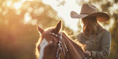 vaqueira dentro uma chapéu em uma cavalo foto