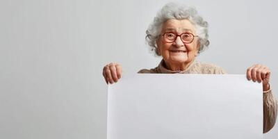 idosos mulher segurando uma branco bandeira dentro dela mãos foto