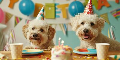 cachorros comemoro aniversário com cápsulas em seus cabeças foto