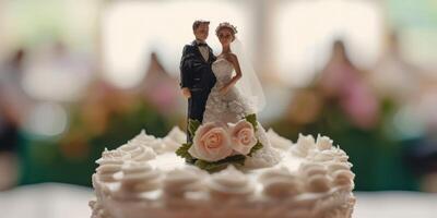 figuras em uma Casamento bolo em uma borrado fundo foto