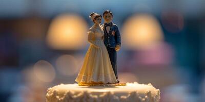 figuras em uma Casamento bolo em uma borrado fundo foto