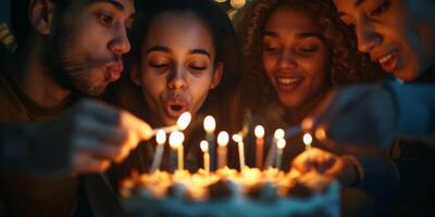 amigos golpe Fora a velas em a bolo juntos foto