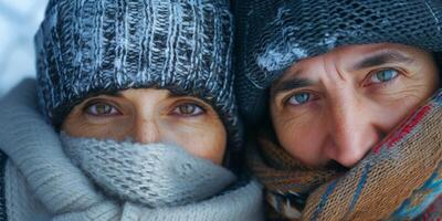 fechar-se retrato do uma casal congelando a partir de a frio dentro uma chapéu e lenços foto