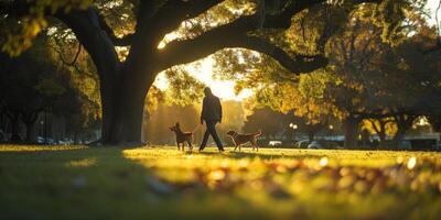 homem caminhando dele cachorro dentro a parque foto