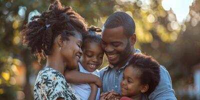 africano americano família dentro a parque em uma andar foto