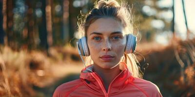 meninas manhã corrida com fones de ouvido foto