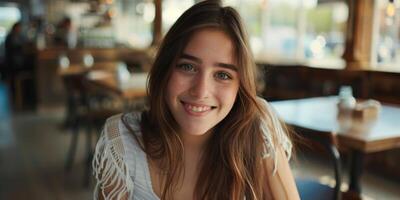 lindo mulher sentado às uma mesa dentro uma cafeteria e sorridente foto