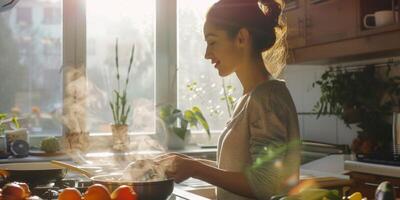 mulher cozinhando na cozinha foto