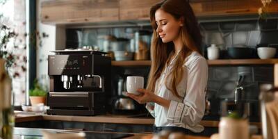 jovem mulher bebendo quente beber a partir de café máquina dentro cozinha foto