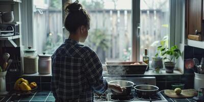 mulher cozinhando na cozinha foto