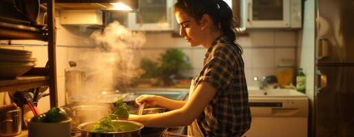 mulher cozinhando na cozinha foto