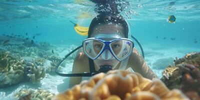 fêmea mergulhador nada entre peixe e coral foto