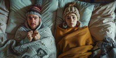 a casal estava frio e vestido calorosamente às casa foto