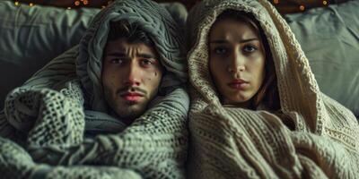 a casal estava frio e vestido calorosamente às casa foto