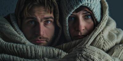 a casal estava frio e vestido calorosamente às casa foto