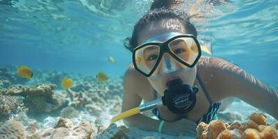 fêmea mergulhador nada entre peixe e coral foto