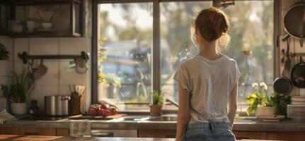 mulher carrinhos dentro a cozinha e parece Fora a janela foto