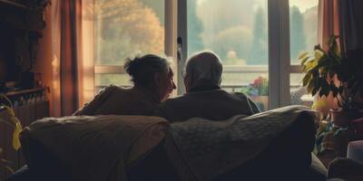 idosos casal em a sofá às casa foto