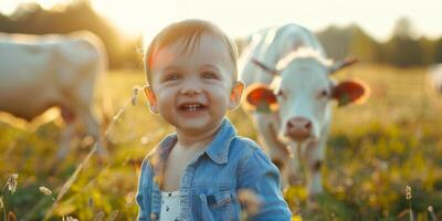 criança contra a fundo do vacas dentro a pasto foto