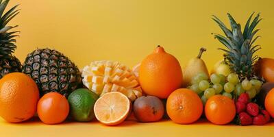 cítricos abacaxi e uvas em uma amarelo fundo foto