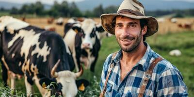 agricultores dentro vaca pasto foto