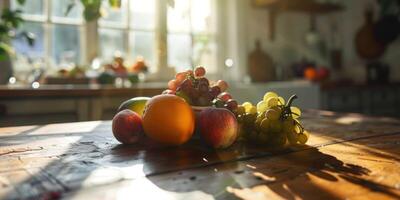 sortido frutas em a cozinha mesa foto