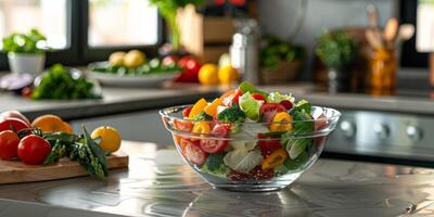 vegetal salada dentro uma transparente prato dentro a cozinha foto