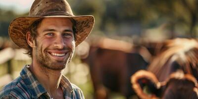 homem agricultor em fundo do vacas foto