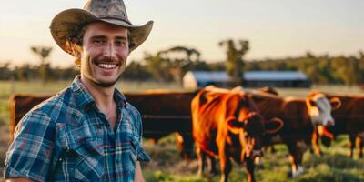 homem agricultor em fundo do vacas foto