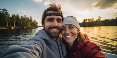 casal dentro amor em uma barco selfie foto